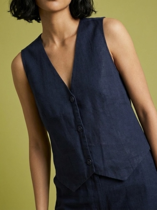 Quince Sweaters - Quince linen Navy Sleeveless Button Vest